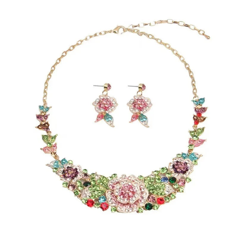 Exaggerated Flower Necklace Earring Set Sparkling Water Stone