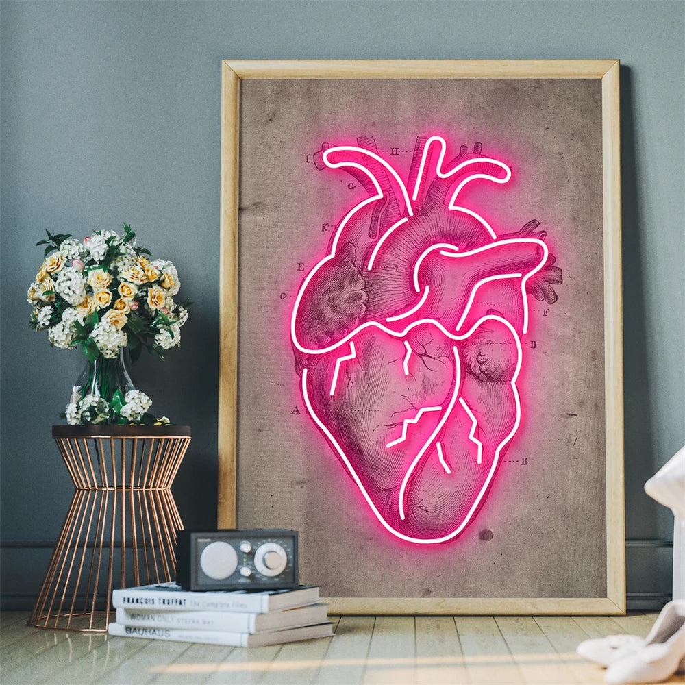 Neon Heart Illustration Art Print Poster Vintage Heart