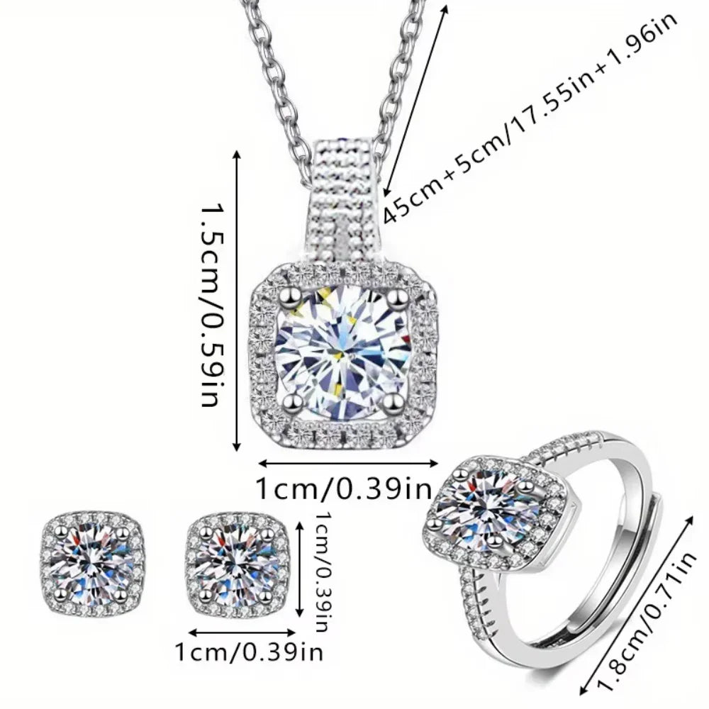 3pcs Set Luxury Brand Shiny Geometric Square Zircon Necklace Earring Rings