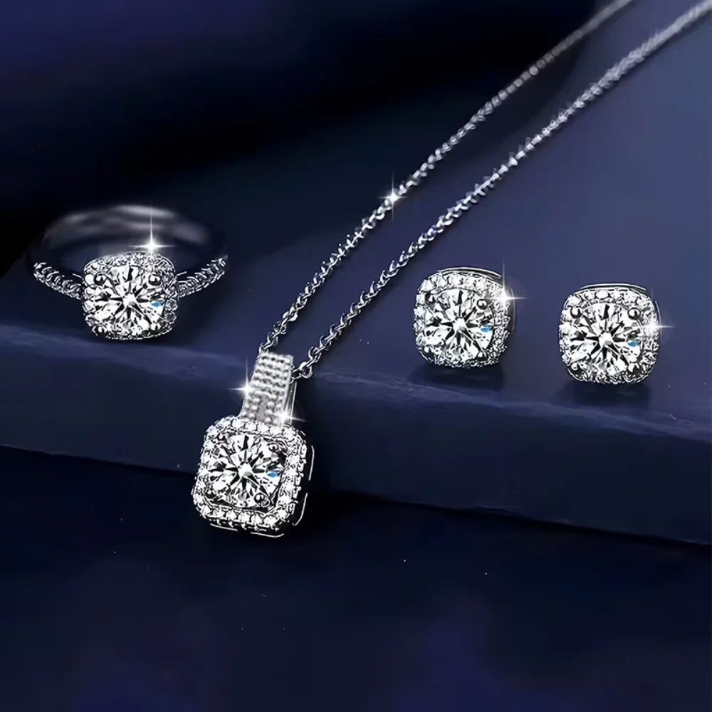 3pcs Set Luxury Brand Shiny Geometric Square Zircon Necklace Earring Rings
