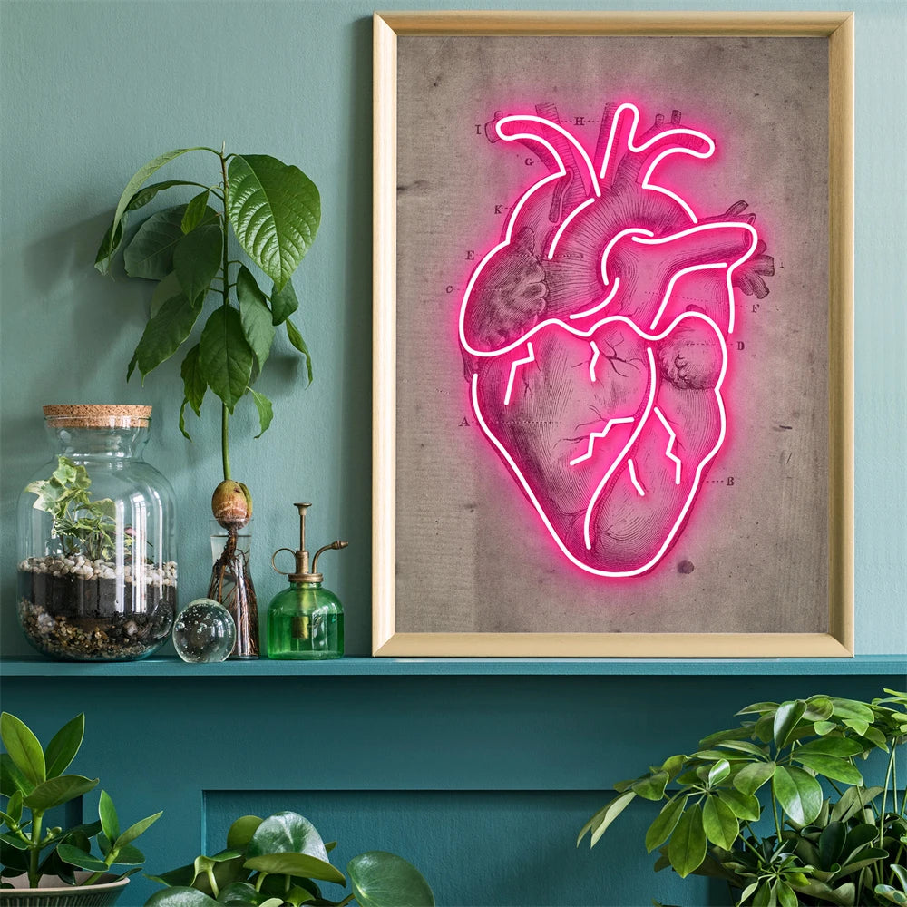Neon Heart Illustration Art Print Poster Vintage Heart