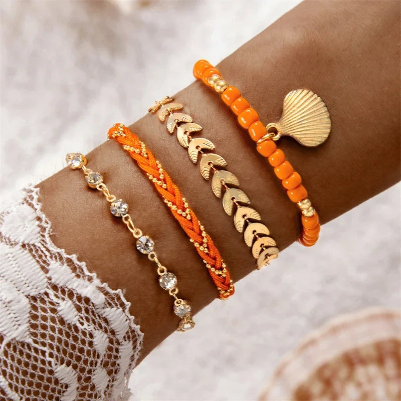 4pcs/set Bohemia Shell Bracelets Ethnic Style Colorful Zircon Rice Beads
