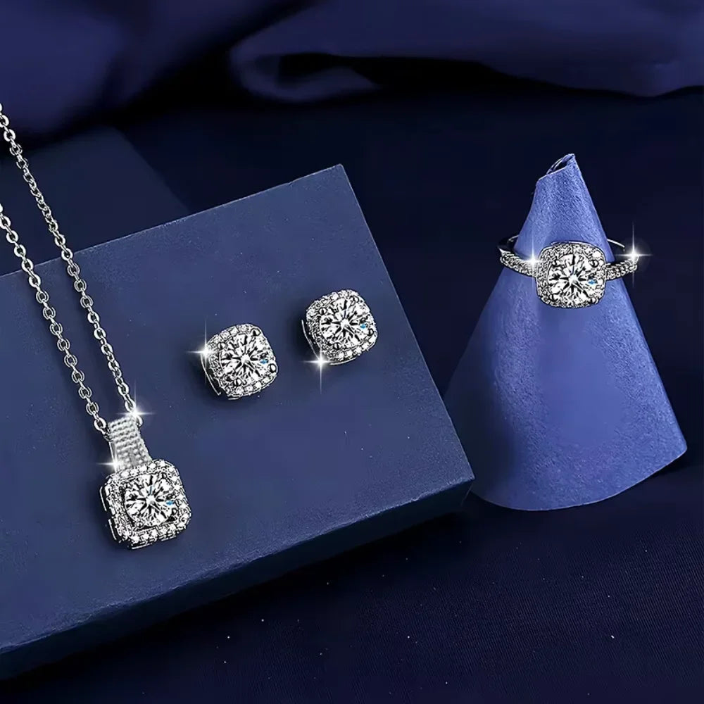 3pcs Set Luxury Brand Shiny Geometric Square Zircon Necklace Earring Rings