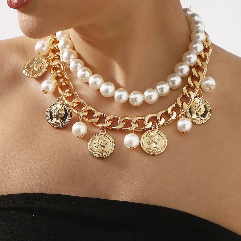 Chunky Gold Chain Pearl Choker Necklace Layered Coin Pendant Collar