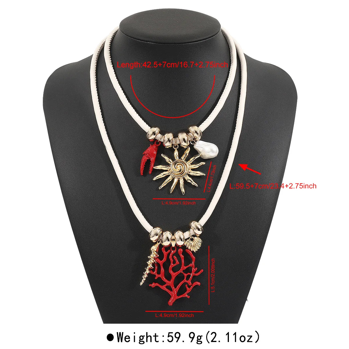 Vibrant Red Coral Branch Pendant Necklace Double Layer White Cord Sun Pearl Choker Mediterranean Style Summer Jewelry