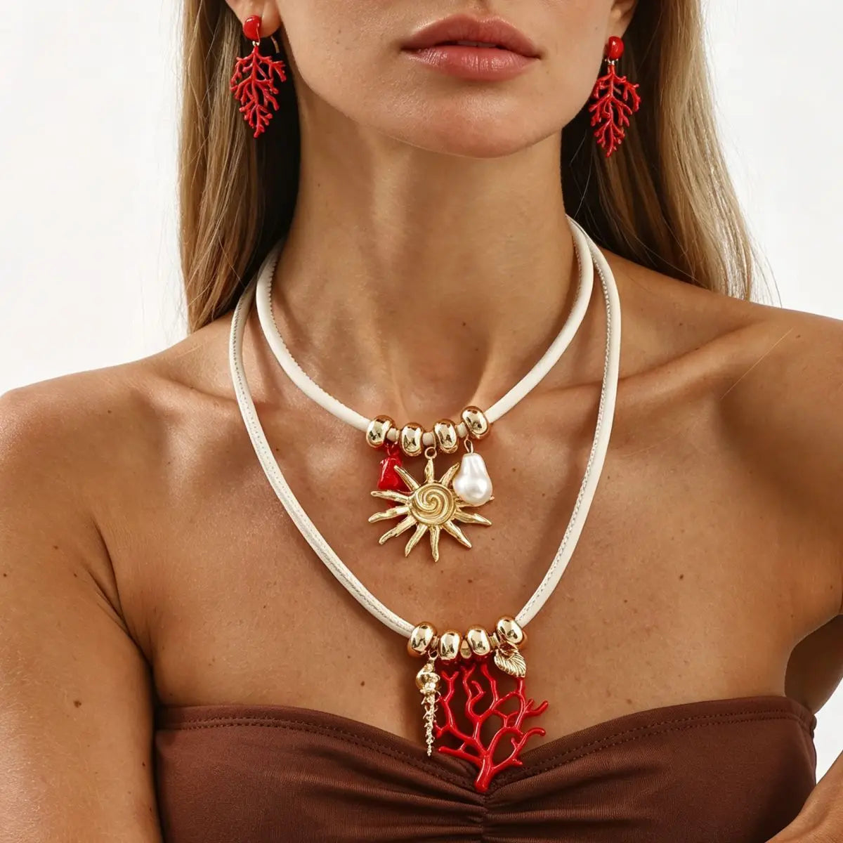 Vibrant Red Coral Branch Pendant Necklace Double Layer White Cord Sun Pearl Choker Mediterranean Style Summer Jewelry