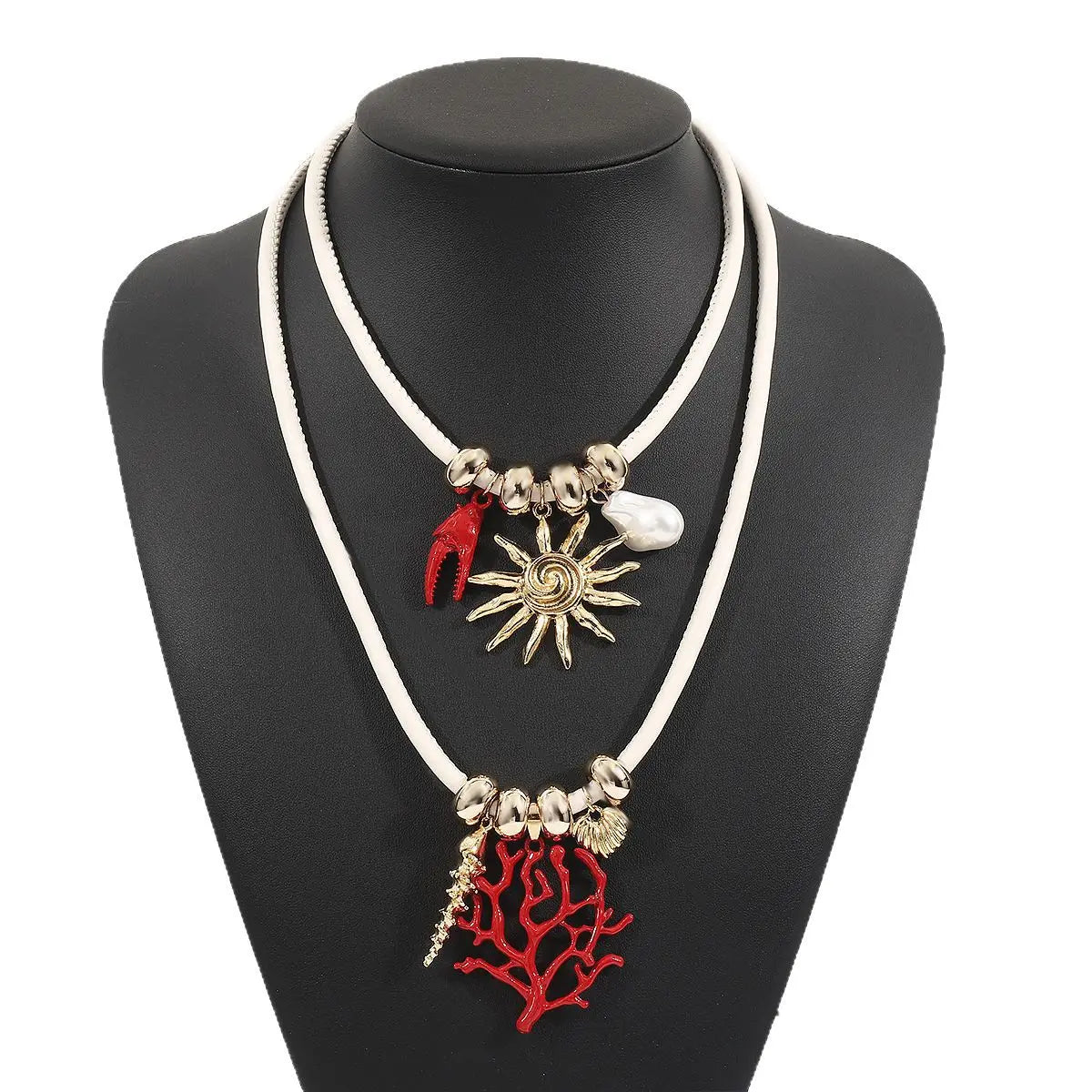 Vibrant Red Coral Branch Pendant Necklace Double Layer White Cord Sun Pearl Choker Mediterranean Style Summer Jewelry